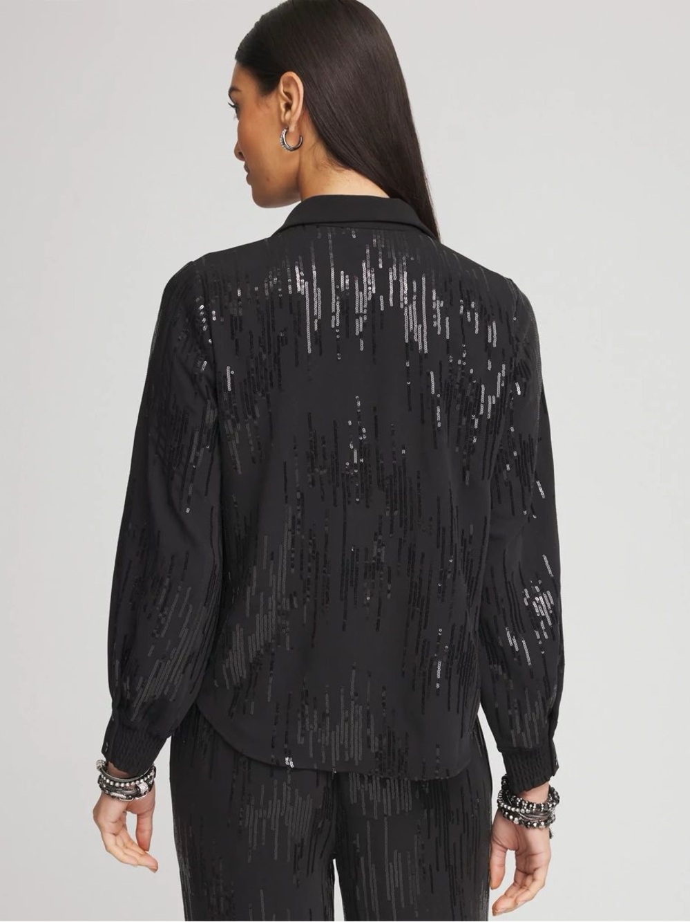 Chico's Black Sequin Stripe Button-Down Shirt - Picture 3 of 11